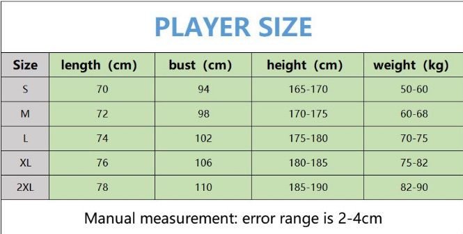Football jerseys size chart