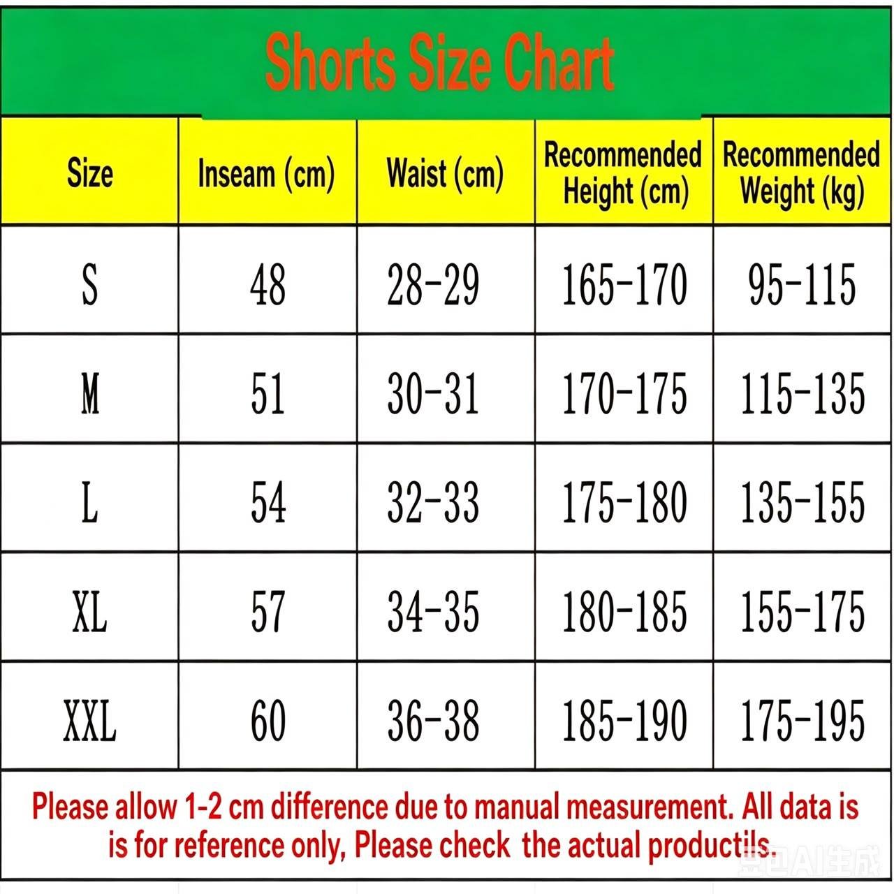 Shorts size chart